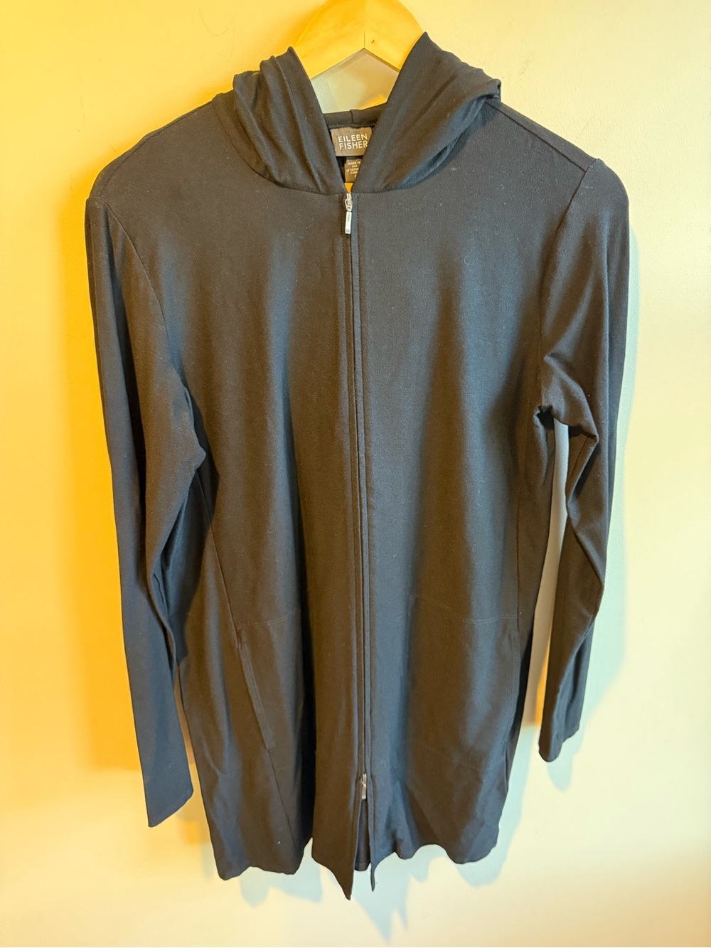 Eileen Fisher Lightweight Black Crepe Rayon Cardigan Hoodie Jacket, size small